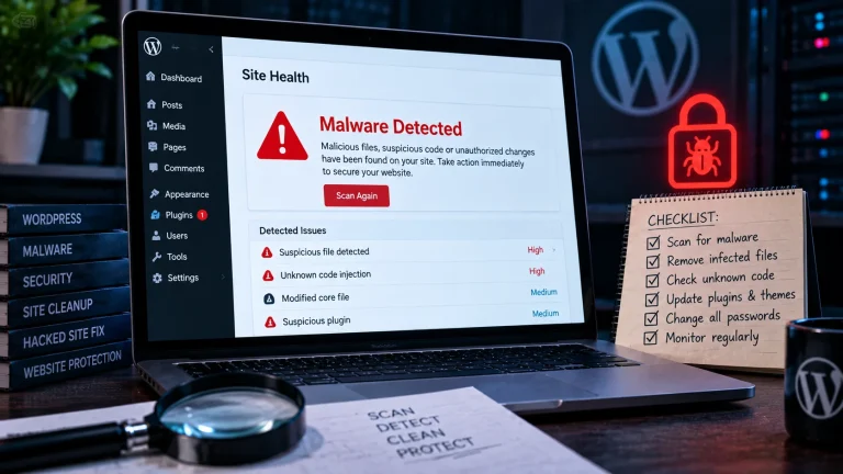 Minh họa nhiều dấu hiệu WordPress bị nhiễm malware như file đáng ngờ, code lạ và plugin bất thường