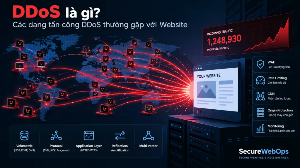 Minh họa nhiều nguồn tấn công DDoS nhắm vào website và các lớp phòng thủ