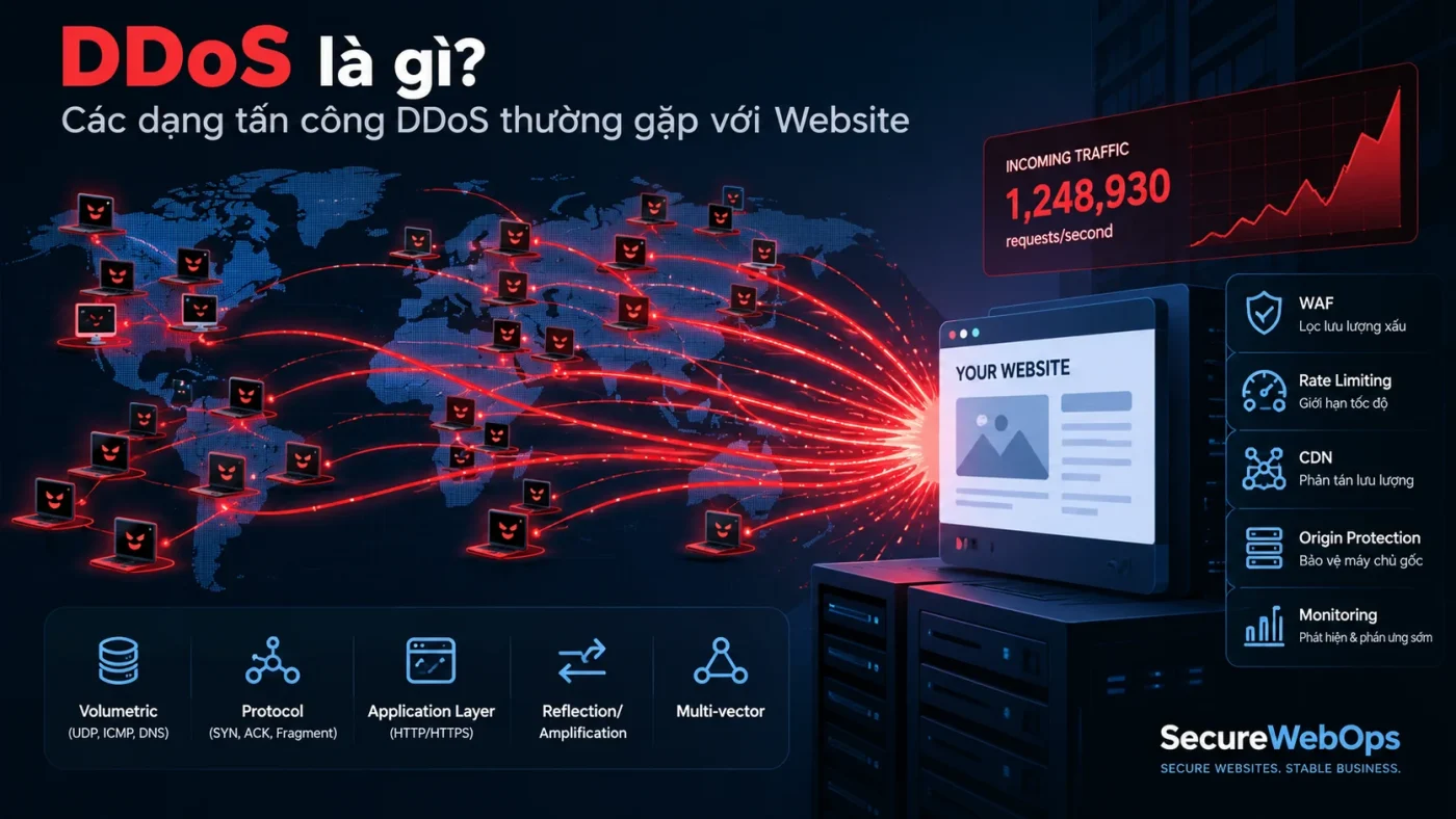 Minh họa nhiều nguồn tấn công DDoS nhắm vào website và các lớp phòng thủ
