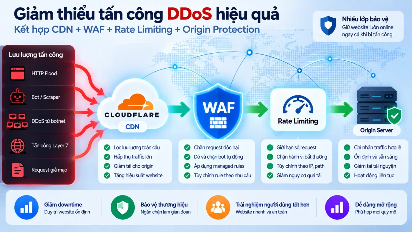 Minh họa kiến trúc giảm thiểu DDoS với CDN WAF Rate Limiting và Origin Protection