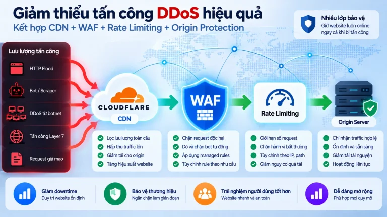 Minh họa kiến trúc giảm thiểu DDoS với CDN WAF Rate Limiting và Origin Protection