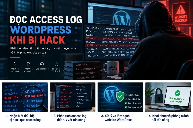 Minh họa đọc access log WordPress khi website bị hack để phát hiện request bất thường