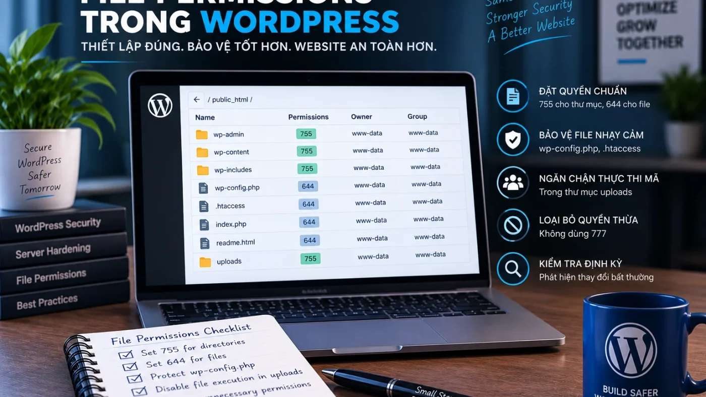 File permissions WordPress với phân quyền thư mục và file, bảo vệ wp-config.php và tránh quyền 777