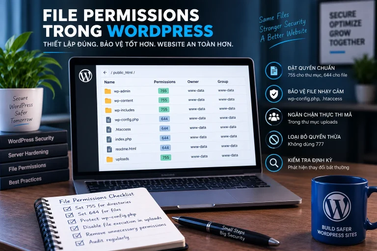 File permissions WordPress với phân quyền thư mục và file, bảo vệ wp-config.php và tránh quyền 777
