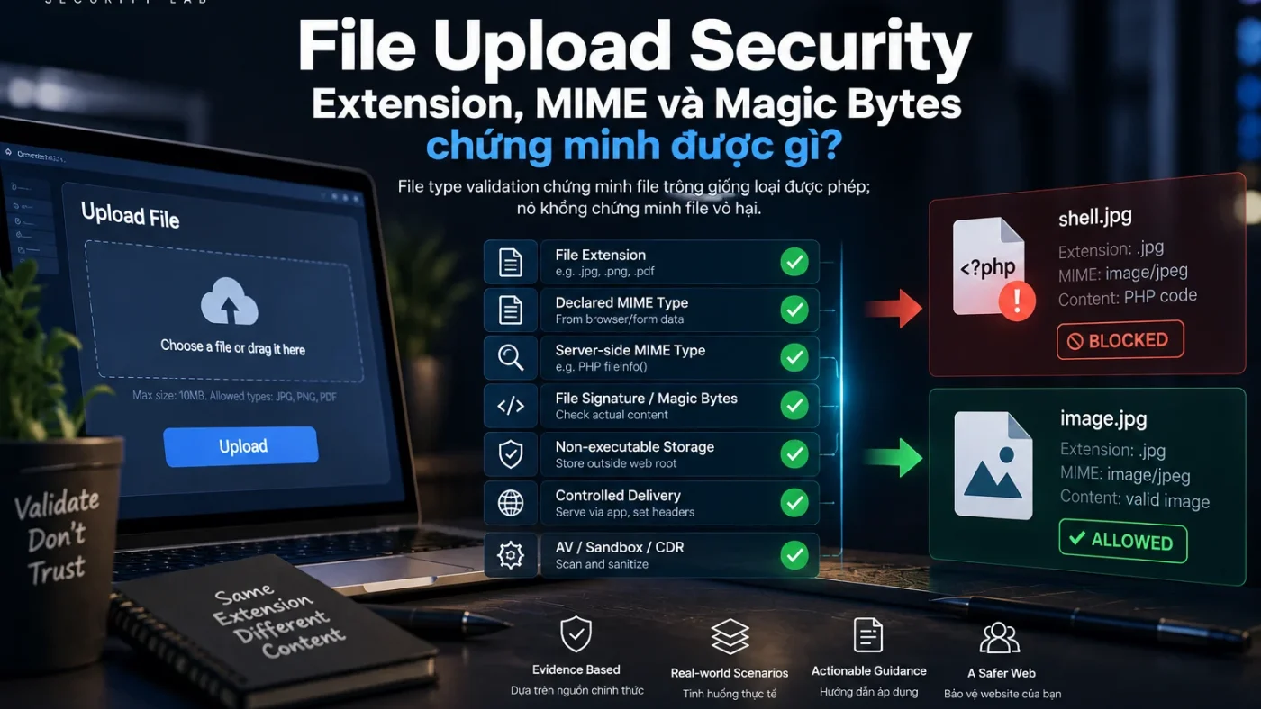 File upload security evidence for extension MIME magic bytes and non executable storage