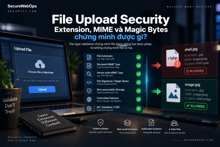 File upload security evidence for extension MIME magic bytes and non executable storage