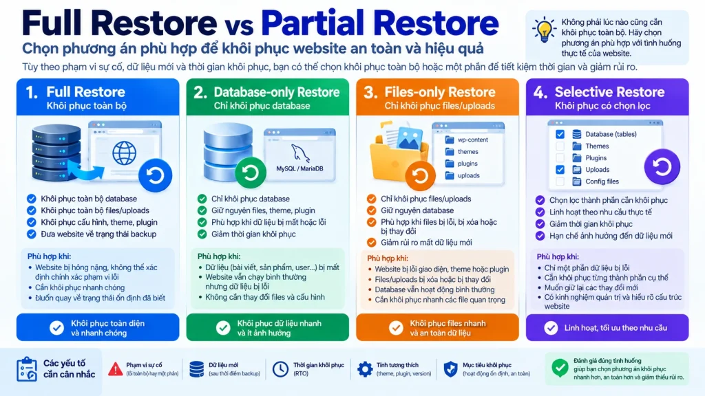 Full Restore vs Partial Restore với Full, Database-only, Files-only và Selective Restore