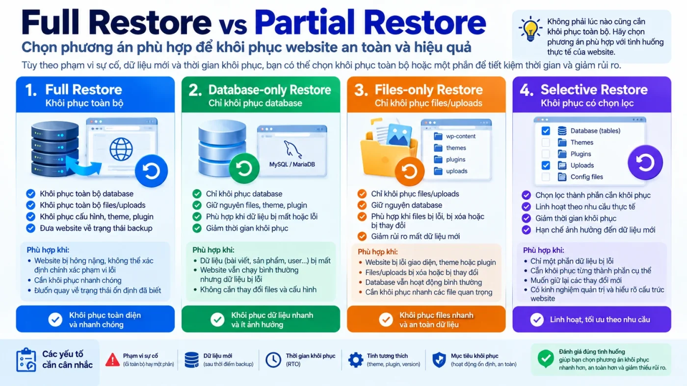 Full Restore vs Partial Restore với Full, Database-only, Files-only và Selective Restore
