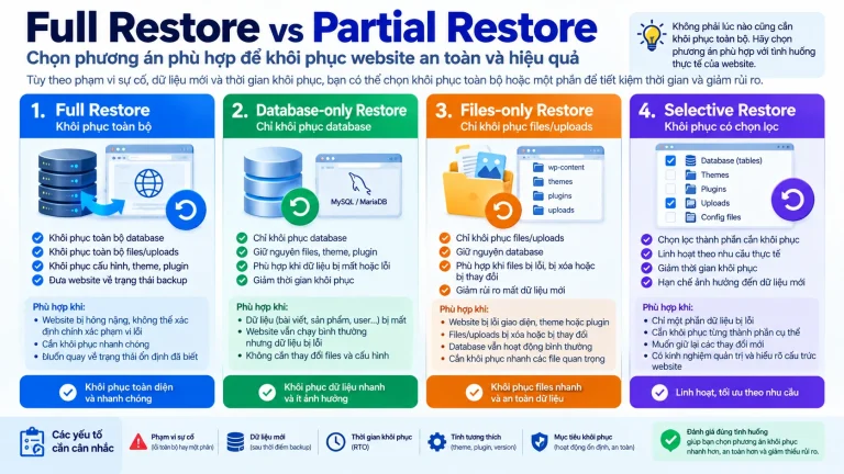 Full Restore vs Partial Restore với Full, Database-only, Files-only và Selective Restore