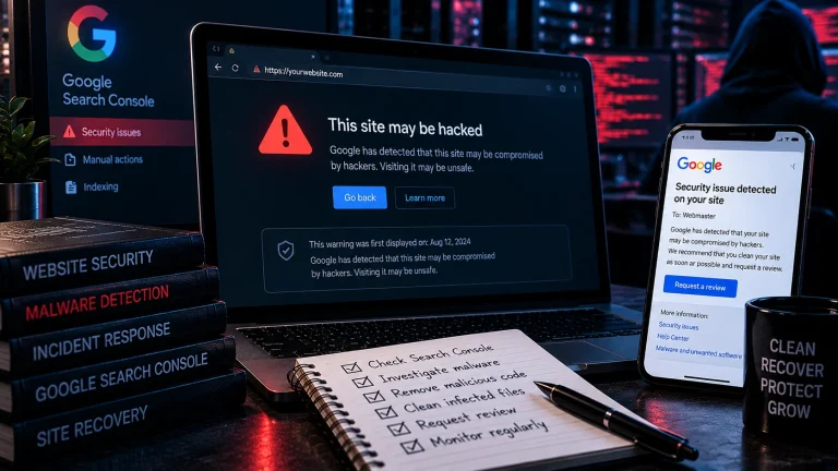 Minh họa cảnh báo bảo mật của Google khi website WordPress có dấu hiệu bị hack hoặc chứa nội dung độc hại