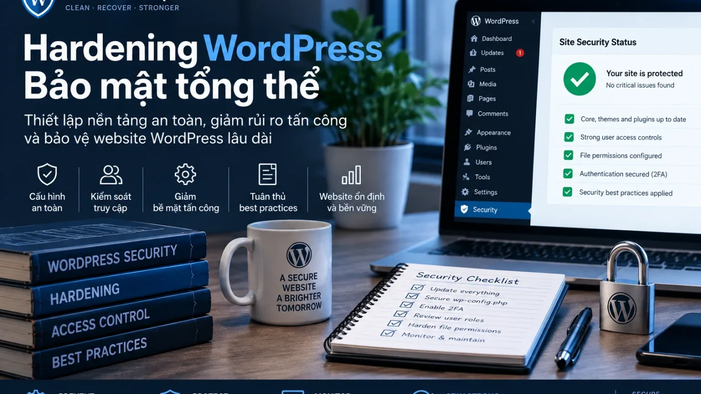Hardening WordPress tổng thể với kiểm soát truy cập, 2FA, file permissions, cập nhật và monitoring