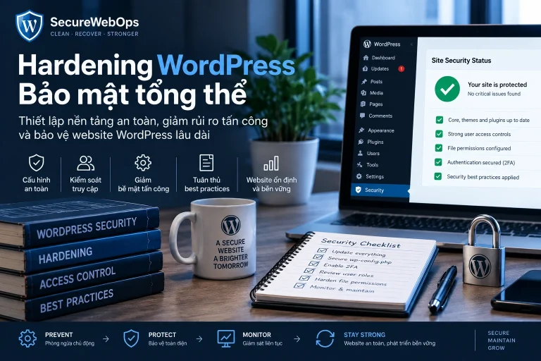 Hardening WordPress tổng thể với kiểm soát truy cập, 2FA, file permissions, cập nhật và monitoring
