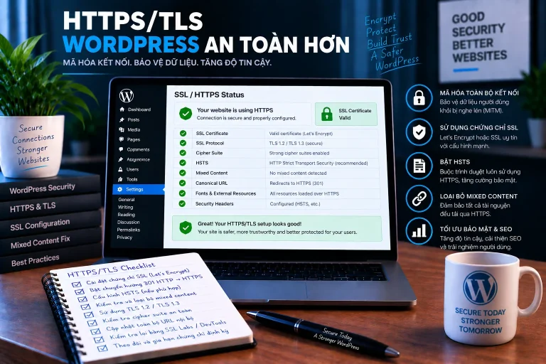 HTTPS/TLS WordPress với chứng chỉ SSL hợp lệ, redirect HTTPS, HSTS, loại bỏ mixed content và kiểm tra cấu hình TLS