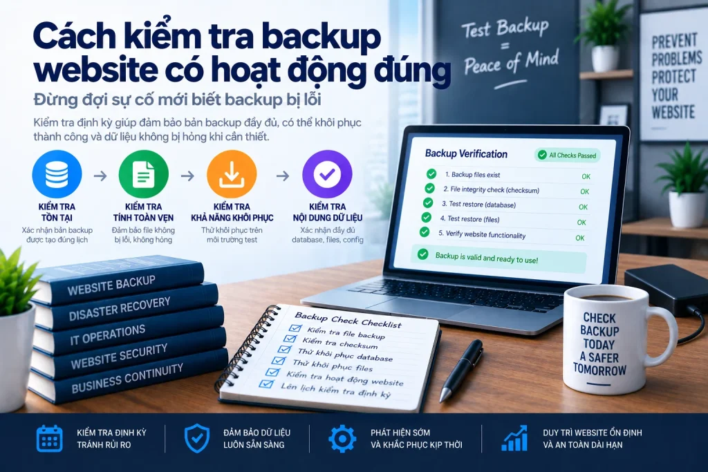 Kiểm tra backup restore được bằng integrity check, test restore database và files