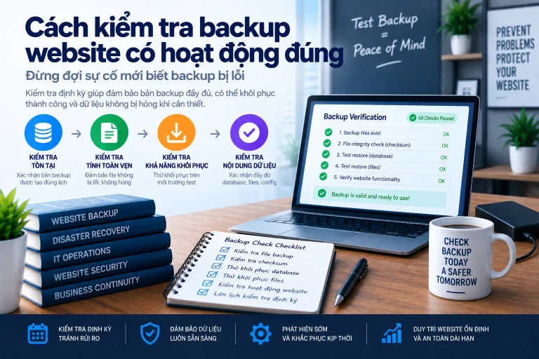 Kiểm tra backup restore được bằng integrity check, test restore database và files
