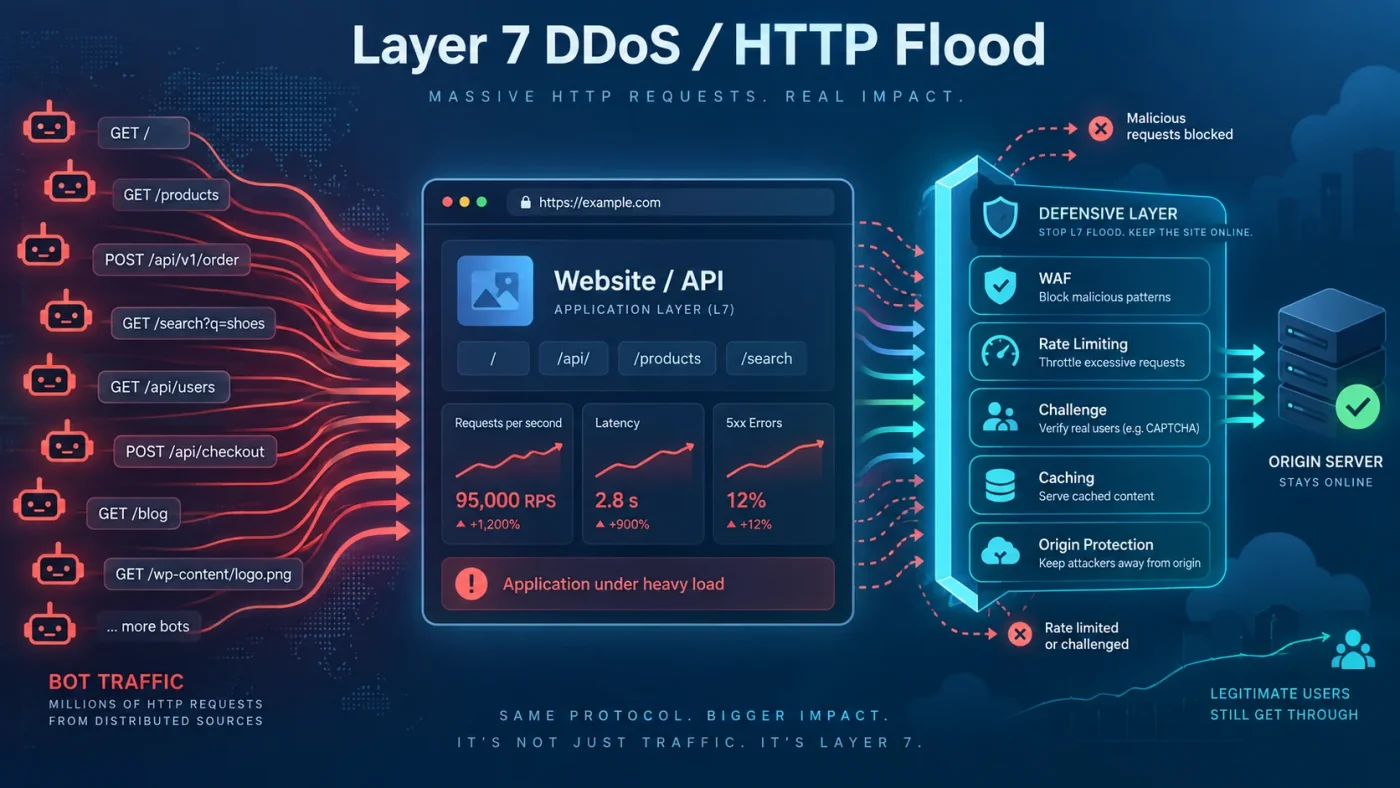 Minh họa Layer 7 DDoS HTTP Flood nhắm vào website và các lớp WAF rate limiting bảo vệ origin