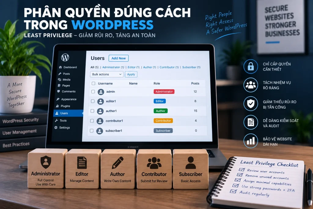 Least Privilege trong WordPress với roles Administrator, Editor, Author, Contributor và Subscriber được phân quyền theo nhu cầu