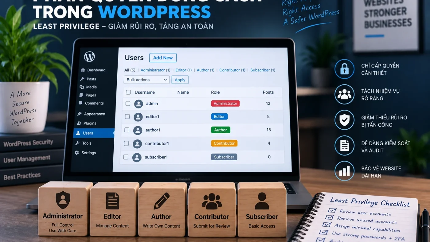 Least Privilege trong WordPress với roles Administrator, Editor, Author, Contributor và Subscriber được phân quyền theo nhu cầu