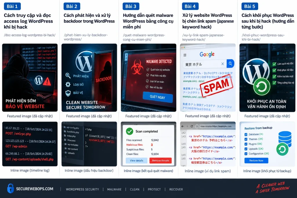 Minh họa malware WordPress tái xuất hiện sau cleanup và quá trình tìm root cause