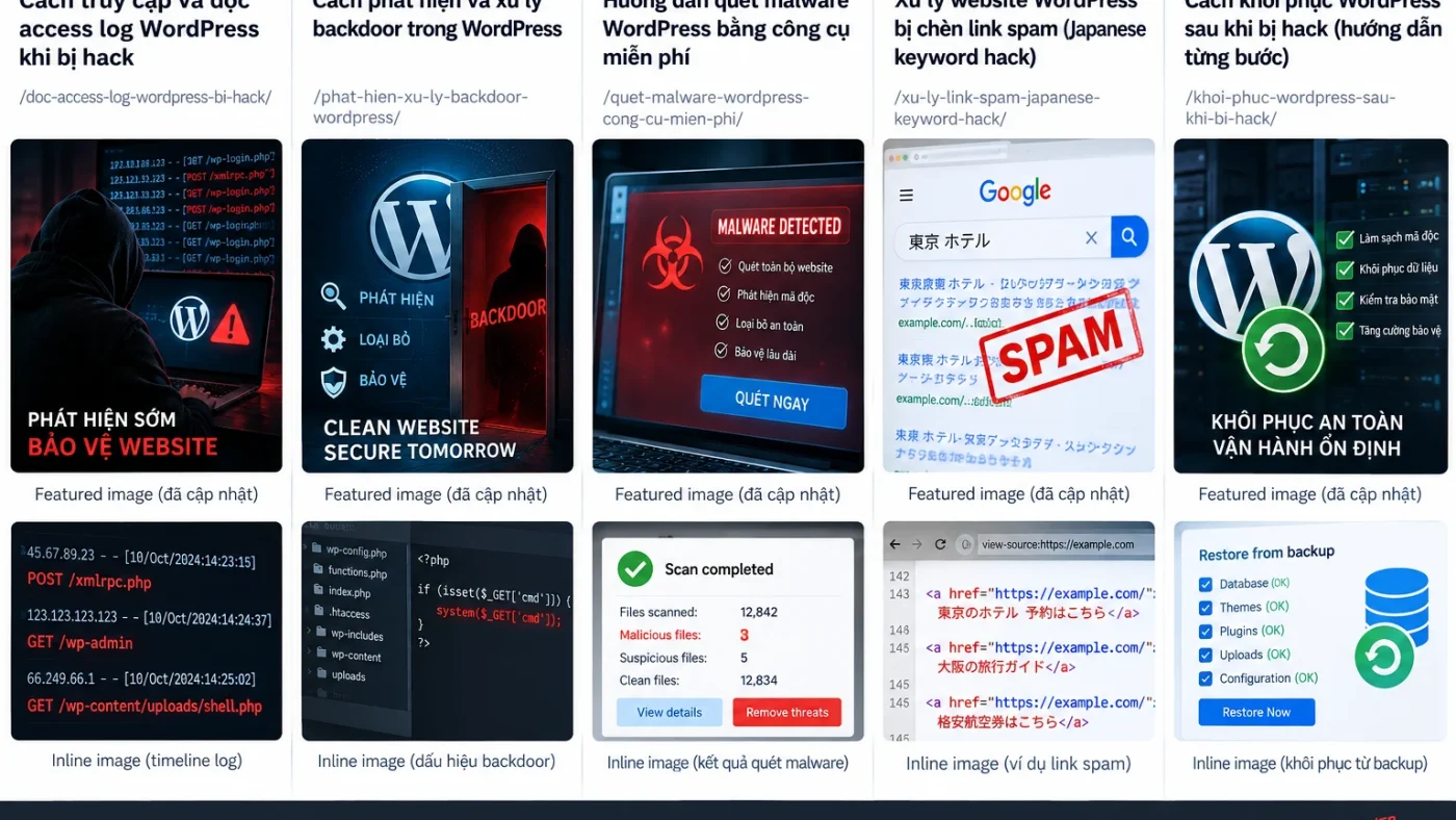 Minh họa malware WordPress tái xuất hiện sau cleanup và quá trình tìm root cause