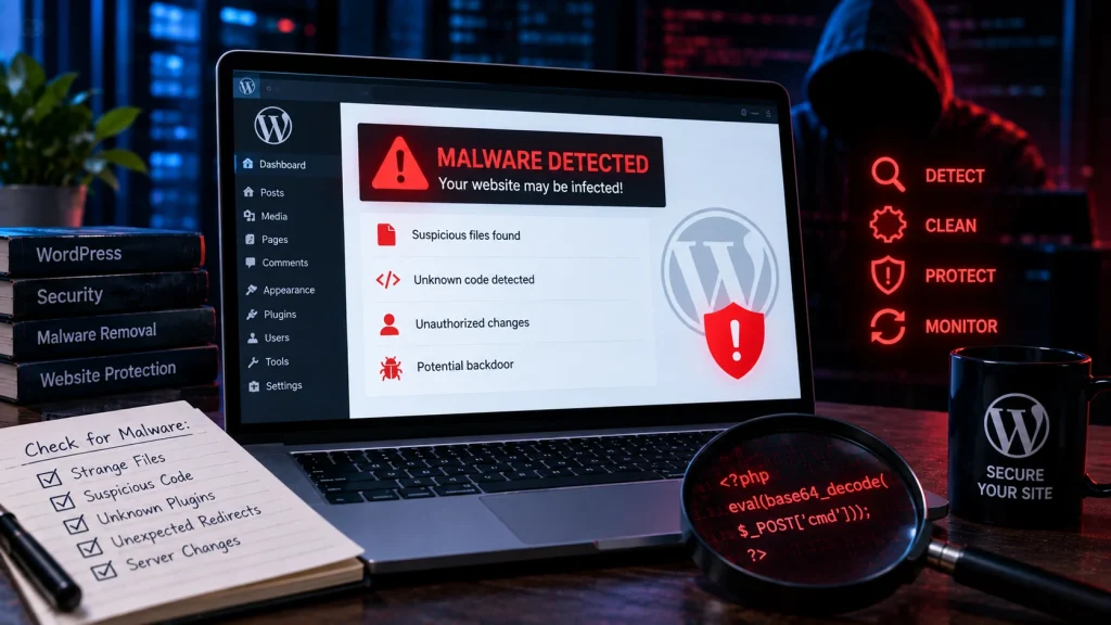 Minh họa tổng quan malware WordPress với file đáng ngờ, code lạ, thay đổi trái phép và dấu hiệu backdoor