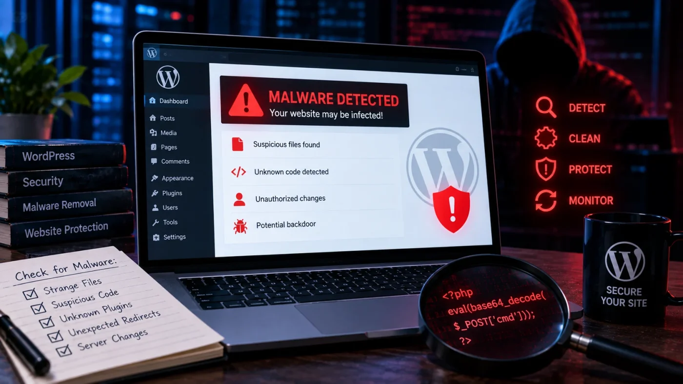 Minh họa tổng quan malware WordPress với file đáng ngờ, code lạ, thay đổi trái phép và dấu hiệu backdoor