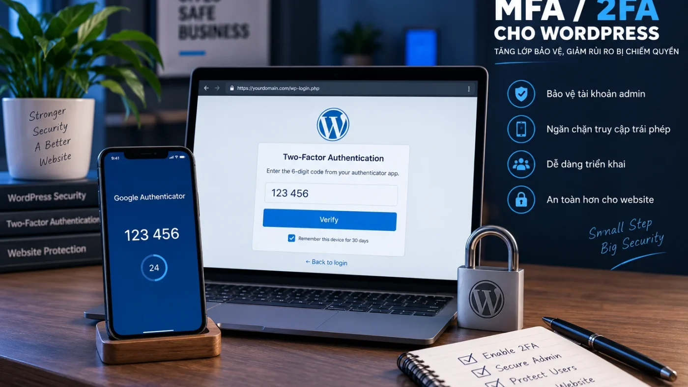 MFA/2FA cho WordPress với màn hình xác thực hai lớp, mã xác minh và bảo vệ tài khoản quản trị