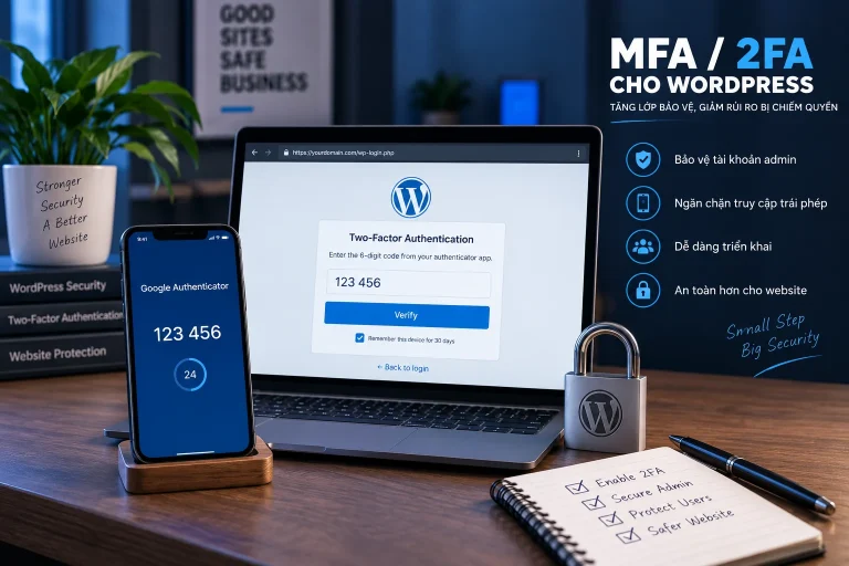 MFA/2FA cho WordPress với màn hình xác thực hai lớp, mã xác minh và bảo vệ tài khoản quản trị