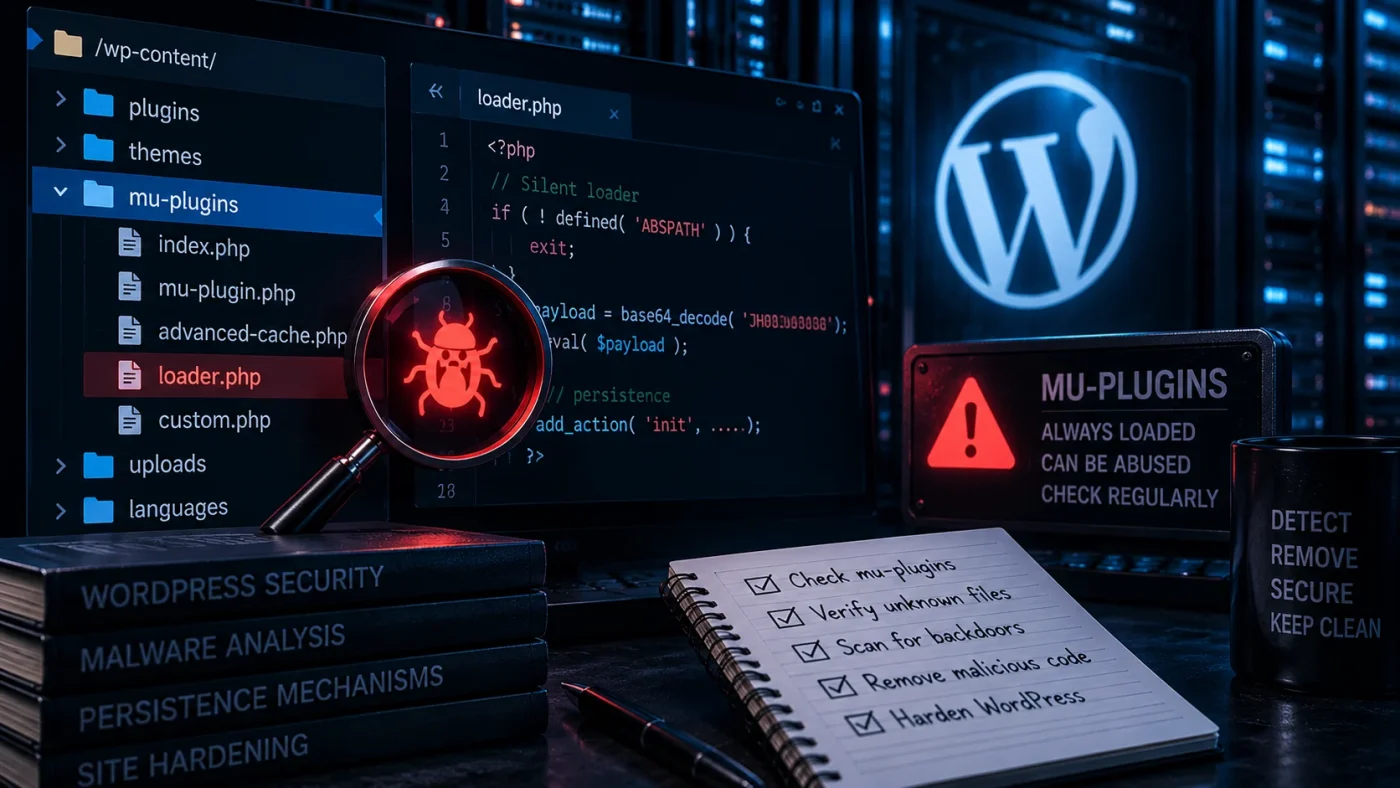 Minh họa kiểm tra thư mục mu-plugins WordPress và file PHP đáng ngờ để xác minh malware