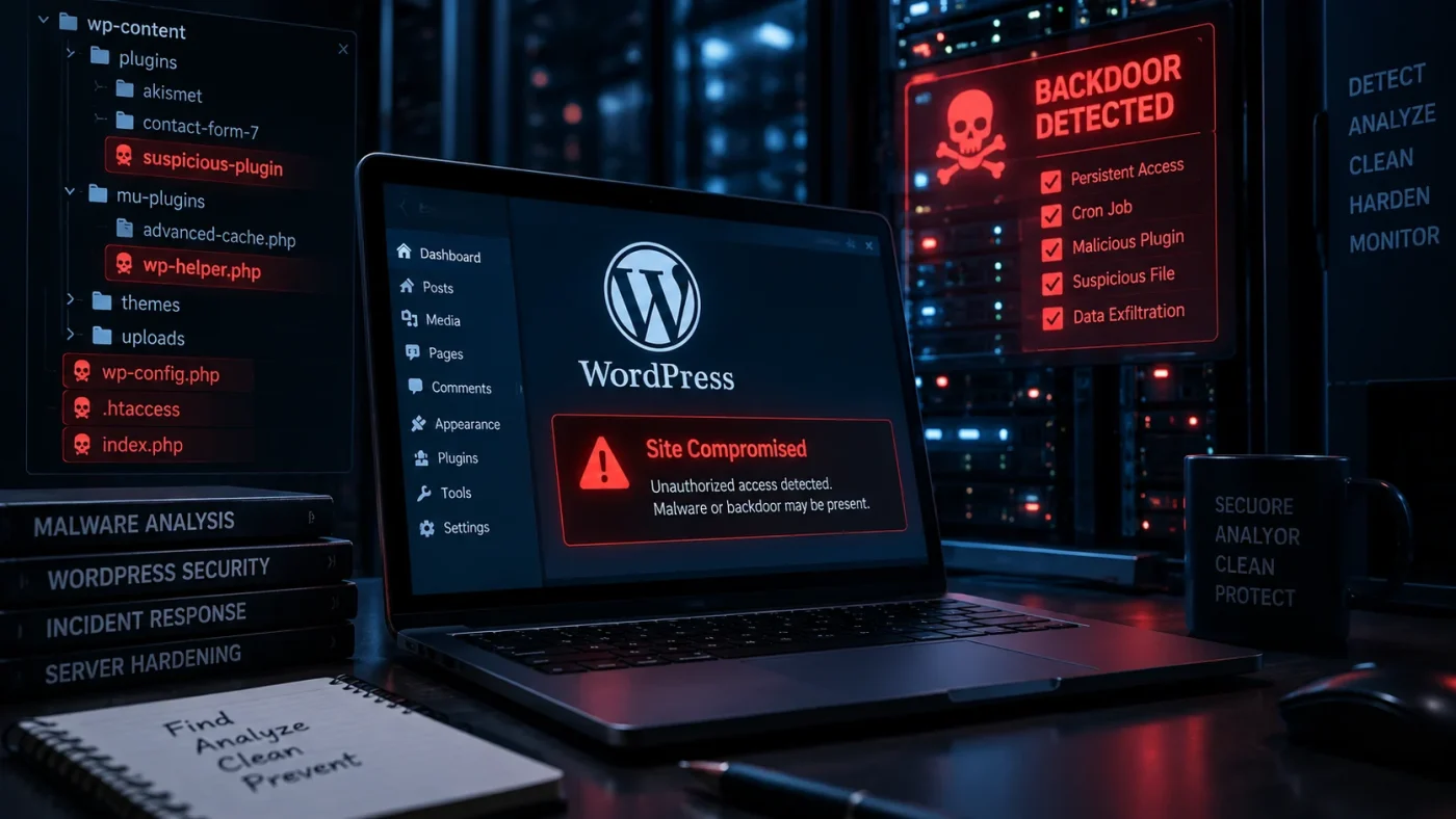 Minh họa persistence trong WordPress malware với backdoor, cron job, plugin và file đáng ngờ