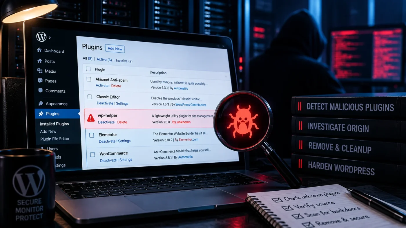 Minh họa kiểm tra plugin WordPress lạ, xác minh nguồn và dấu hiệu malware hoặc backdoor
