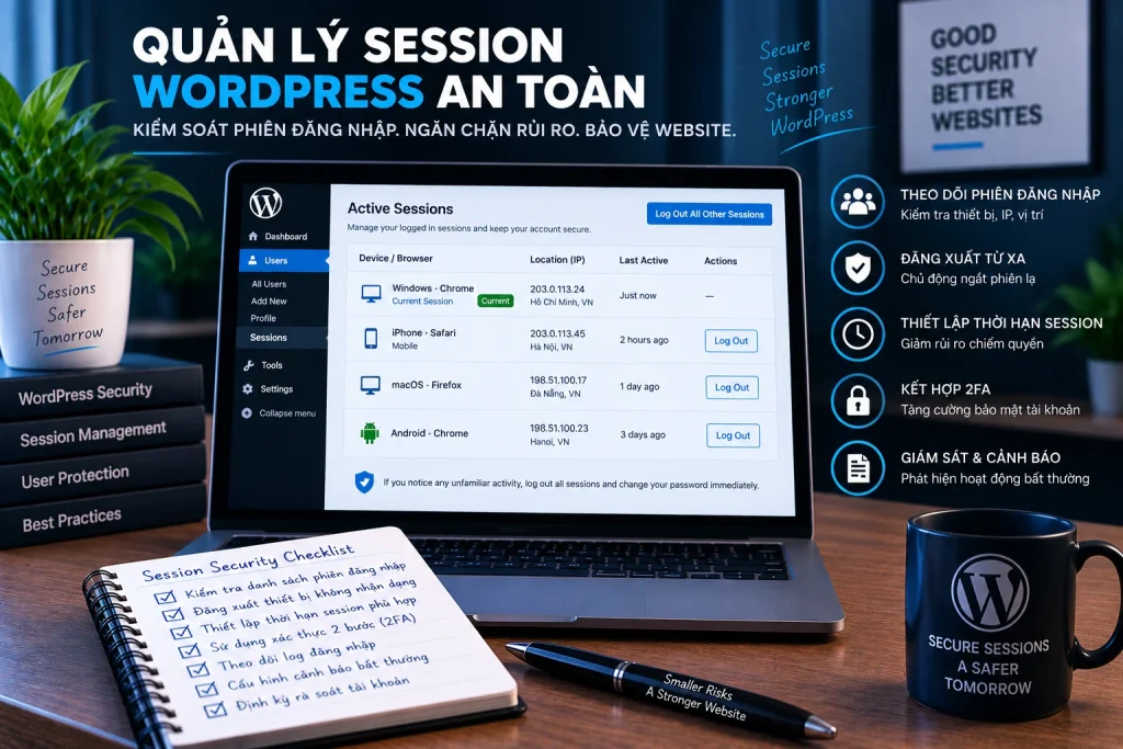 Quản lý session WordPress với active sessions, đăng xuất từ xa, giới hạn thời hạn phiên và giám sát đăng nhập