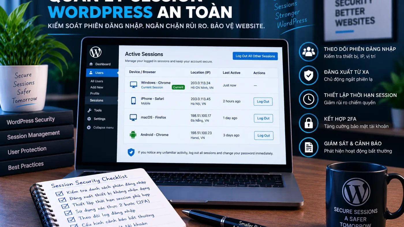 Quản lý session WordPress với active sessions, đăng xuất từ xa, giới hạn thời hạn phiên và giám sát đăng nhập