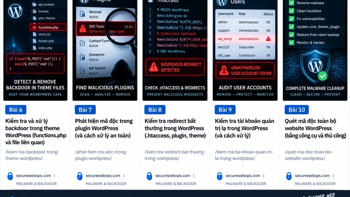 Minh họa quy trình cleanup malware WordPress gồm containment snapshot remediation verification và hardening