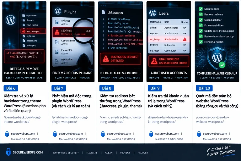 Minh họa quy trình cleanup malware WordPress gồm containment snapshot remediation verification và hardening