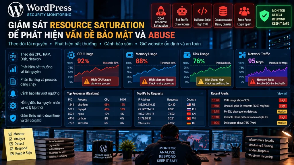 Resource Saturation Monitoring với CPU, RAM, disk, network, process và cảnh báo bất thường