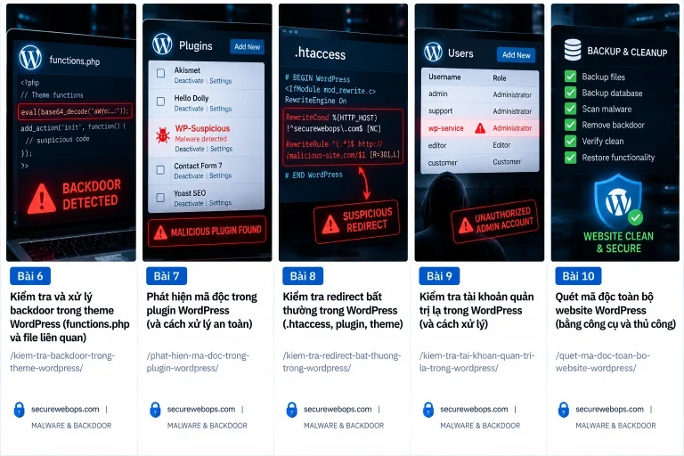Minh họa so sánh restore backup và cleanup trực tiếp khi WordPress bị malware
