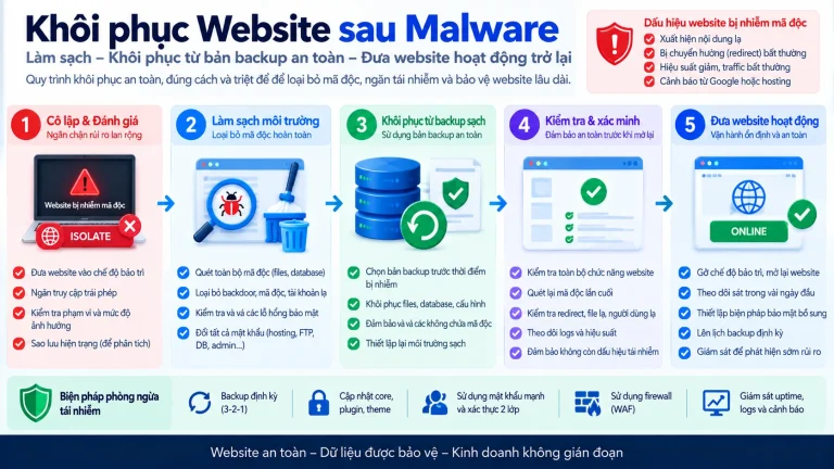 Restore website sau malware bằng known-good backup, isolated restore và security verification