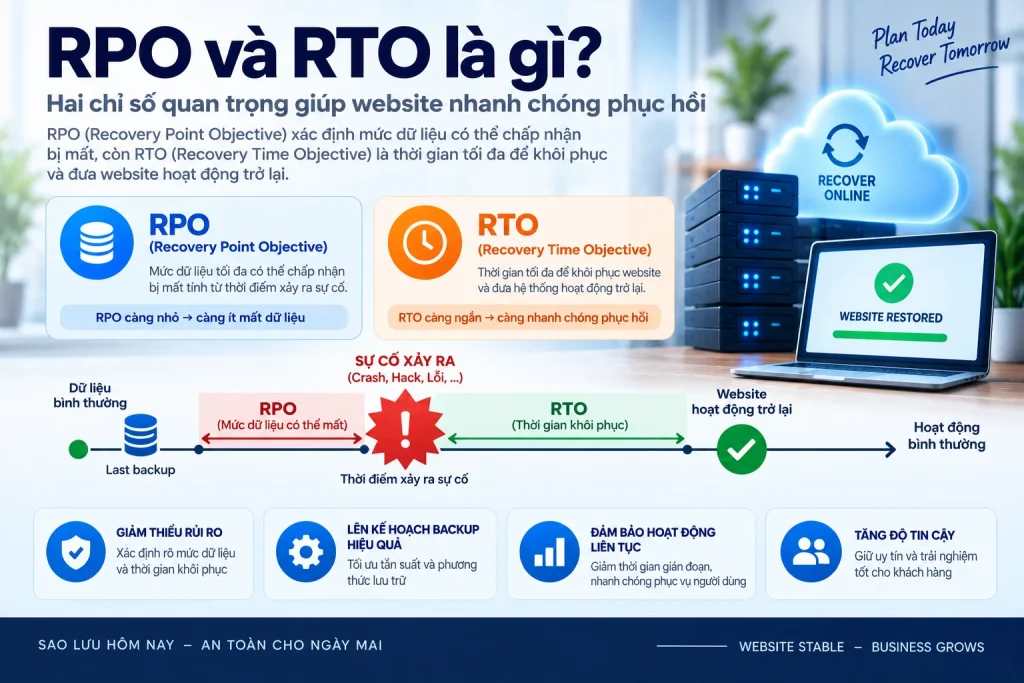 RPO và RTO cho website với timeline backup, incident và website restored