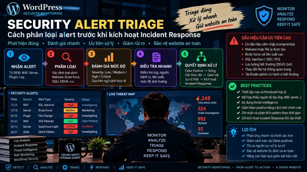 Security Alert Triage với phân loại alert, severity, investigation và quyết định escalate