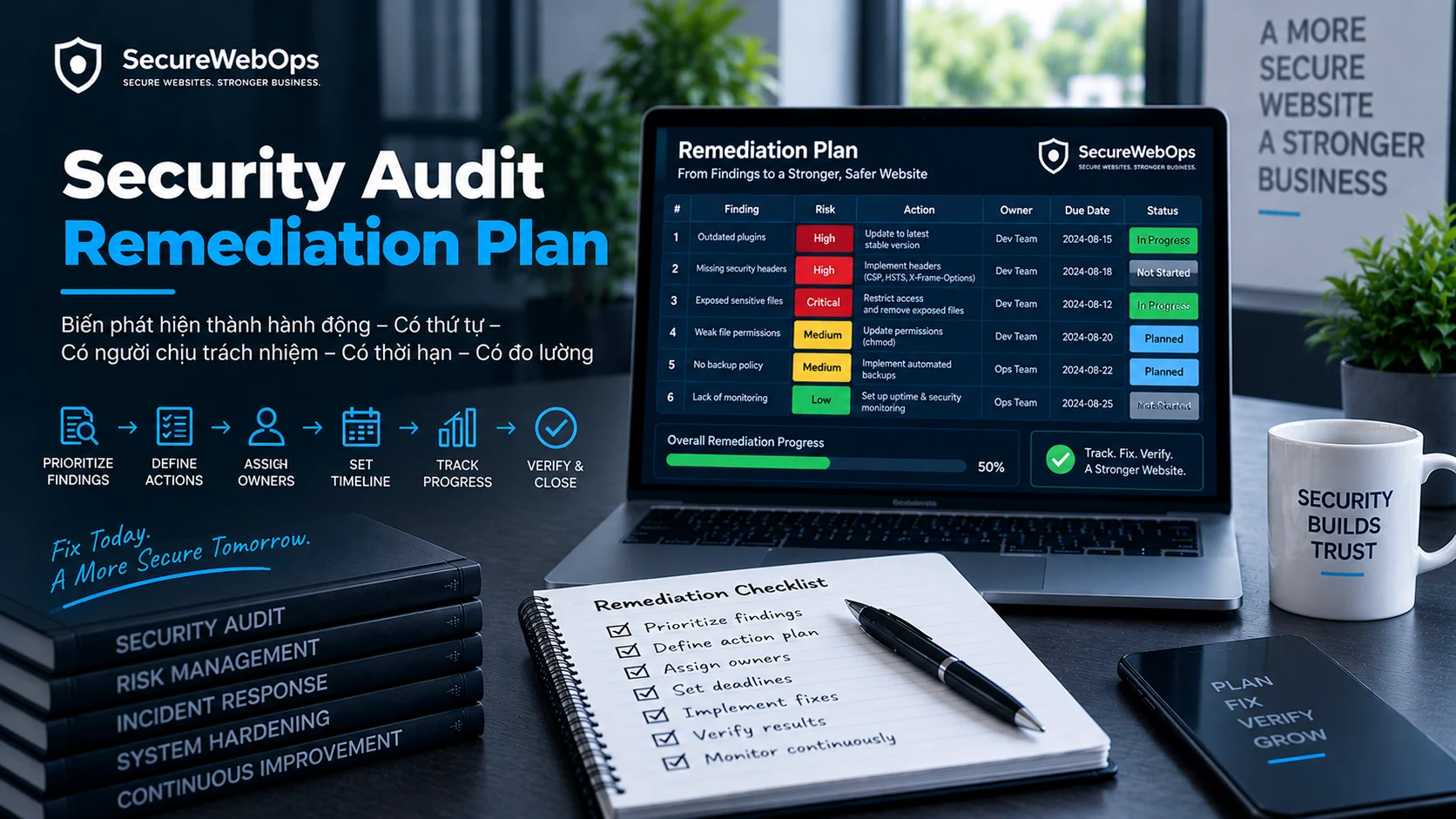 Security Audit Remediation Plan với ưu tiên finding, phân công owner, timeline, tracking và verification