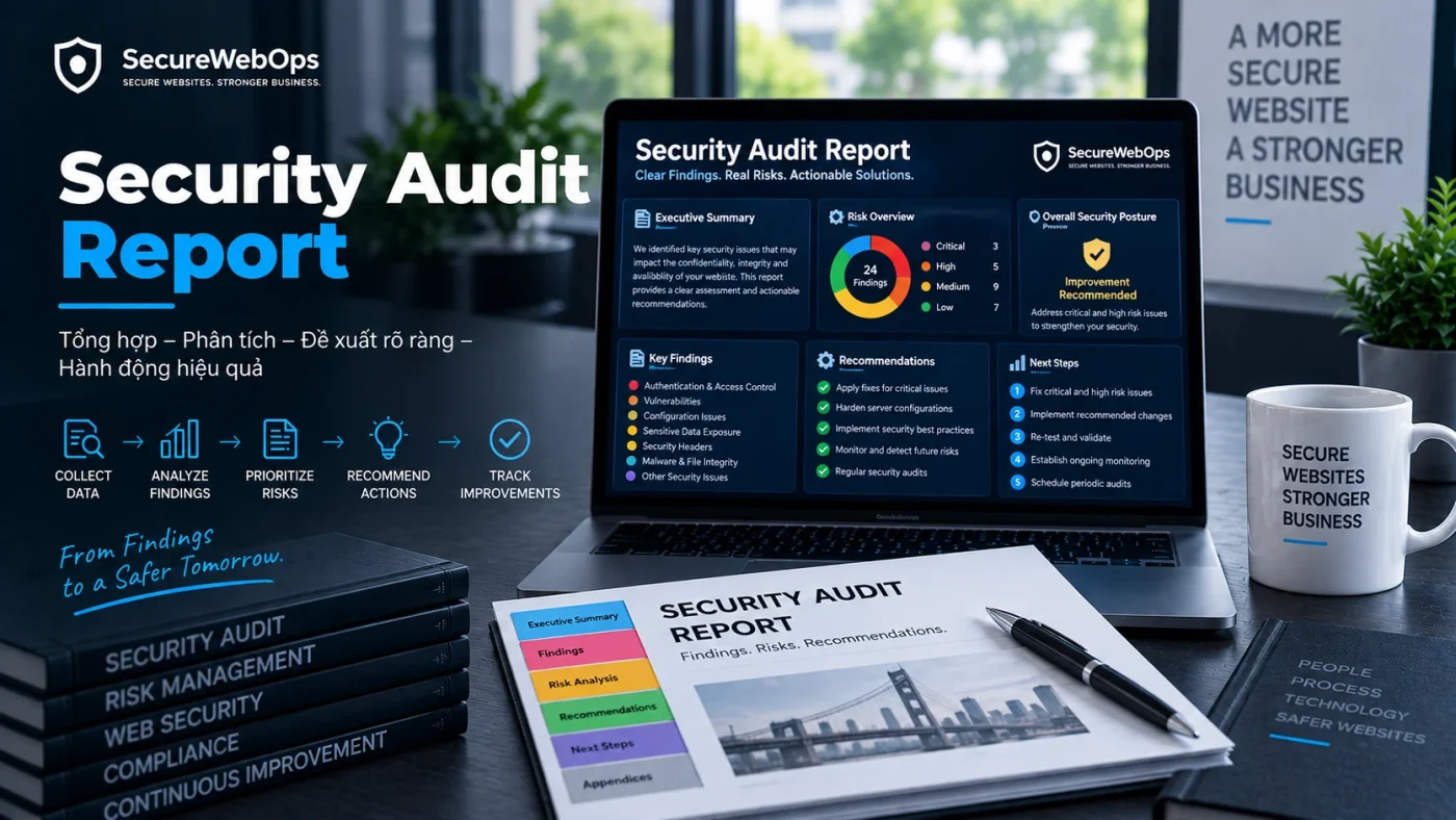 Security Audit Report với executive summary, findings, risk overview, recommendations và next steps