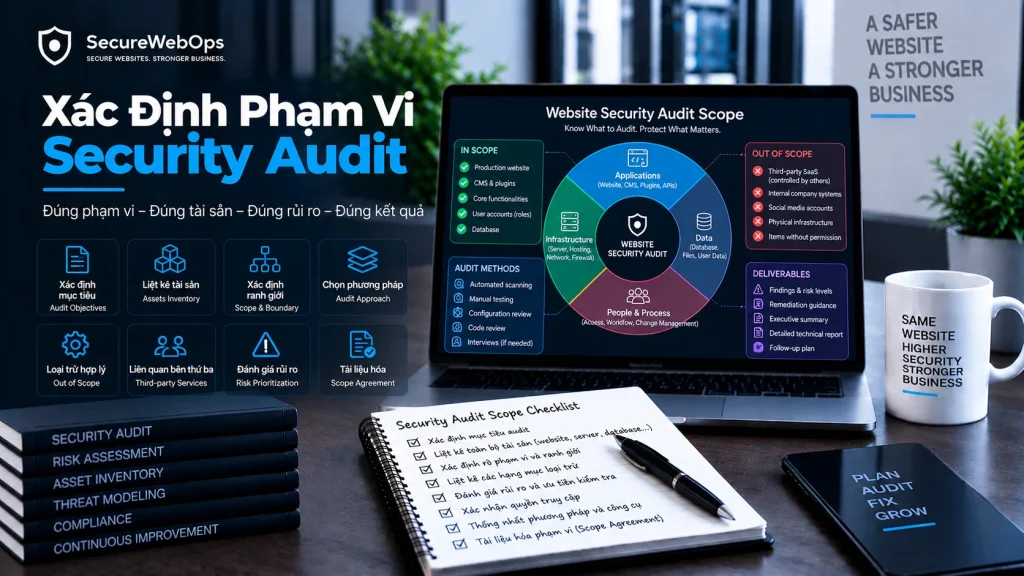 Security Audit Scope với asset inventory, boundary, in-scope, out-of-scope, audit methods và deliverables