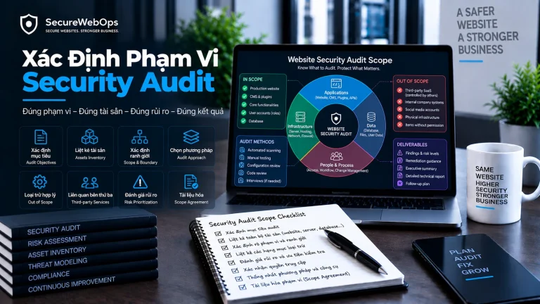 Security Audit Scope với asset inventory, boundary, in-scope, out-of-scope, audit methods và deliverables