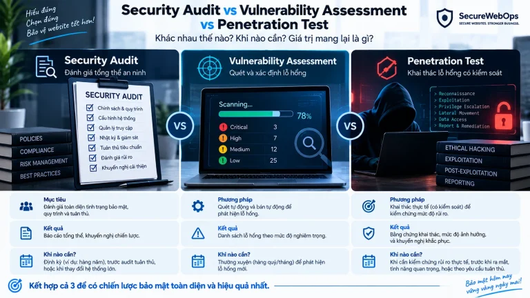 So sánh Security Audit, Vulnerability Assessment và Penetration Test theo mục tiêu, phương pháp và đầu ra