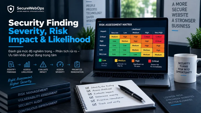 Security Finding Severity với ma trận risk, impact, likelihood và ưu tiên khắc phục