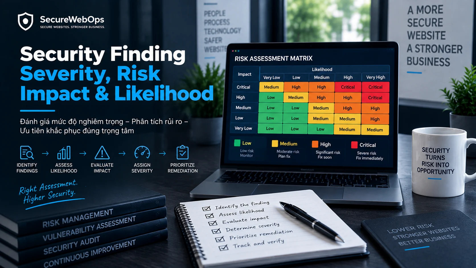Security Finding Severity với ma trận risk, impact, likelihood và ưu tiên khắc phục