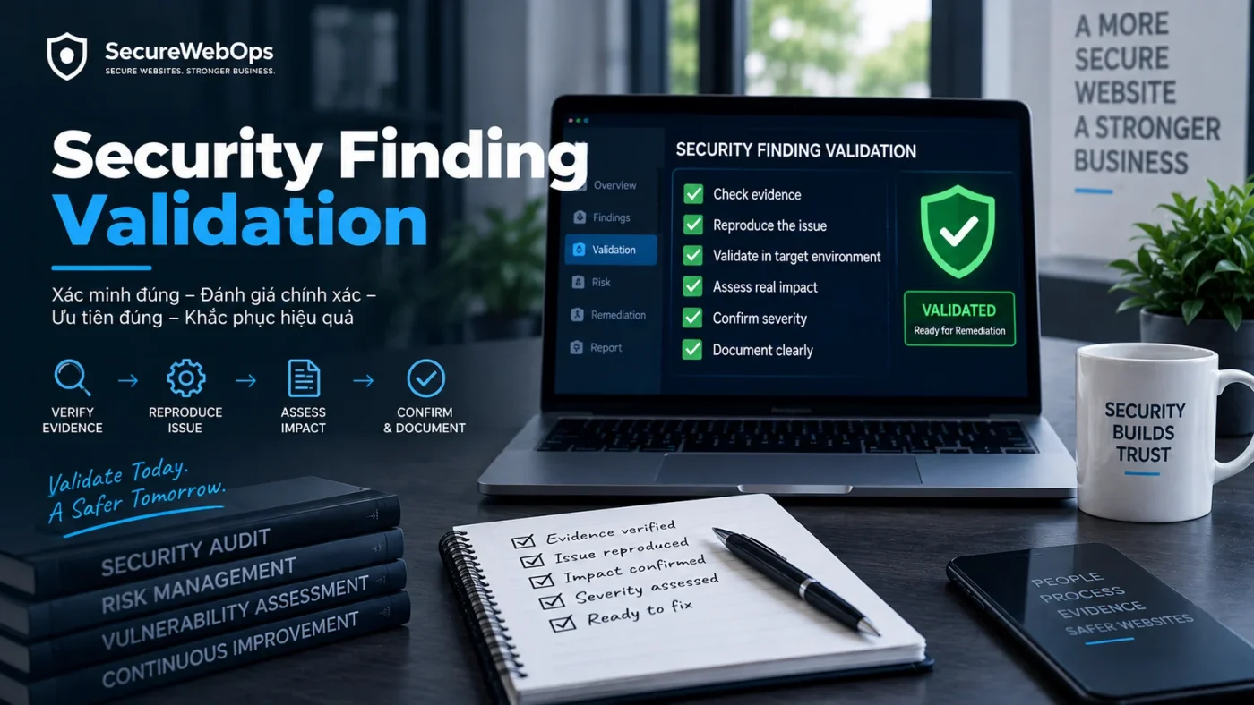 Security Finding Validation với quy trình kiểm tra evidence, tái hiện issue, đánh giá impact và xác nhận finding